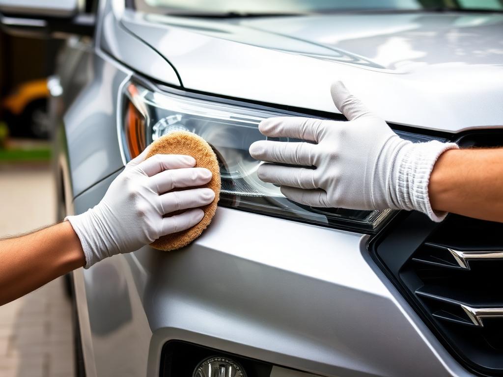 Technician polishing a headlight lens on a silver SUV
