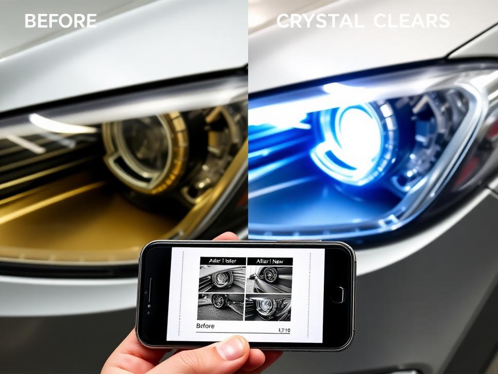 Before and after headlight restoration proof on a smartphone