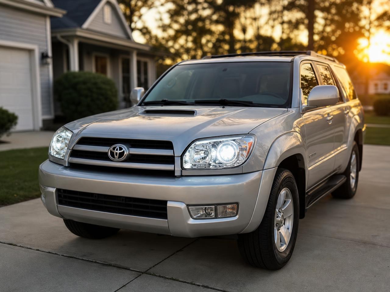 Silver SUV in a driveway at golden hour with both headlights crystal clear and lit