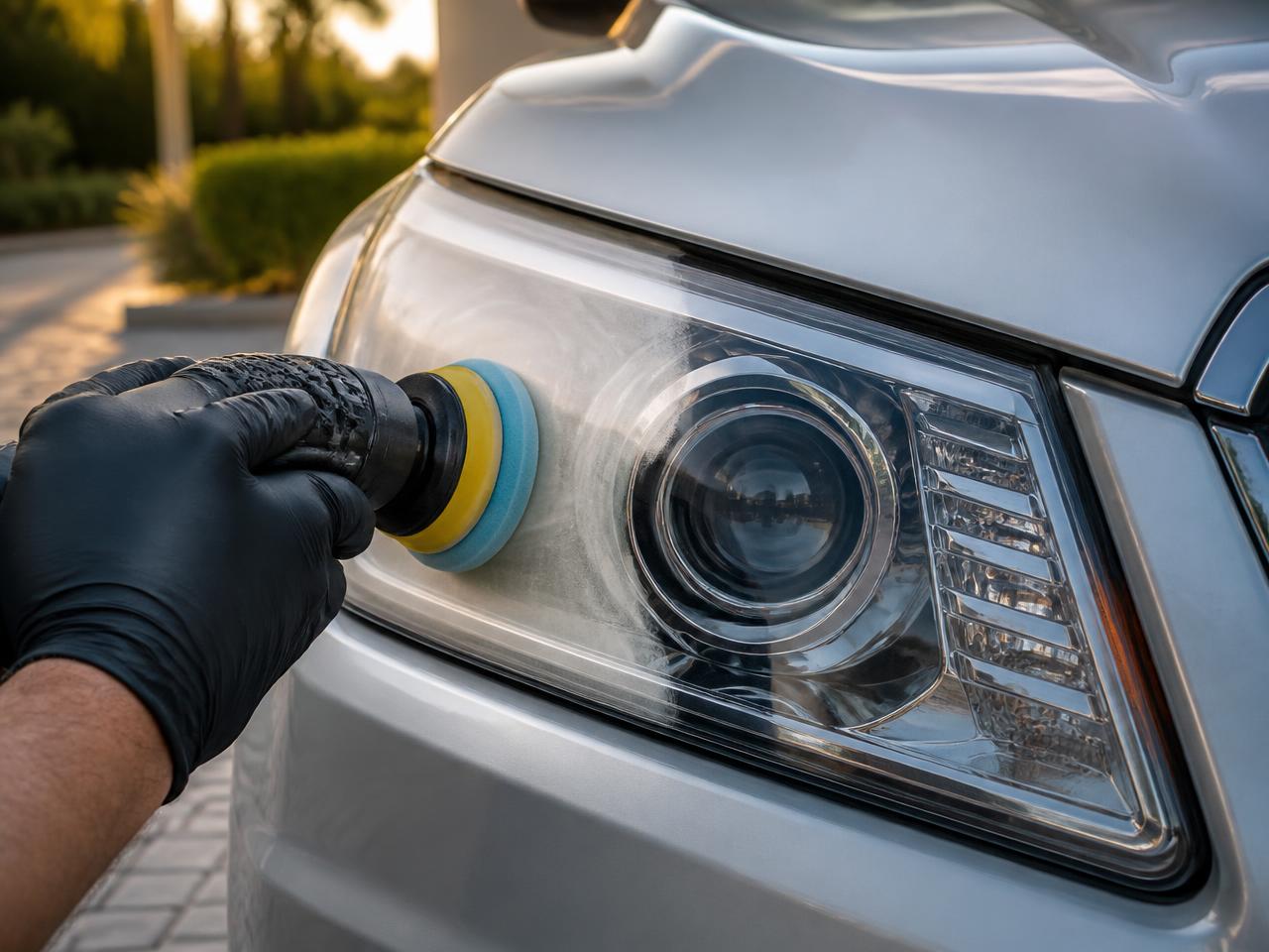 Gloved hand machine-polishing a headlight lens with a foam buffing pad