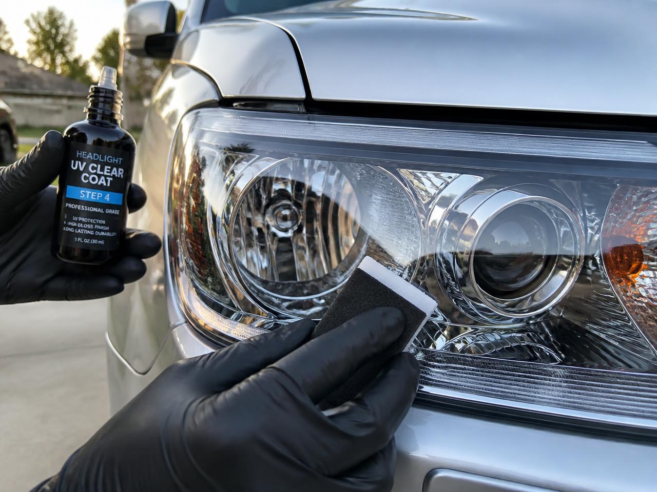 Gloved hands applying UV clear coat to a crystal-clear headlight lens