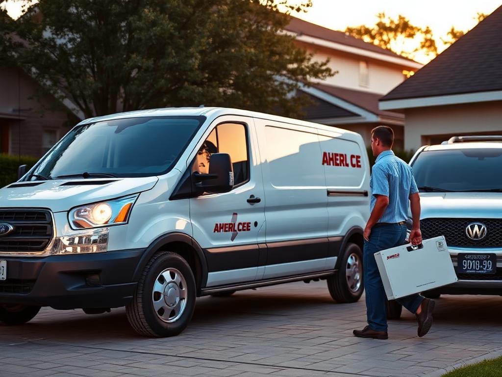 Mobile service van and technician arriving at a suburban home