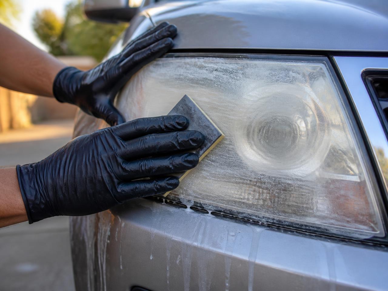 Technician wet-sanding a cloudy headlight lens with milky oxidation residue running off