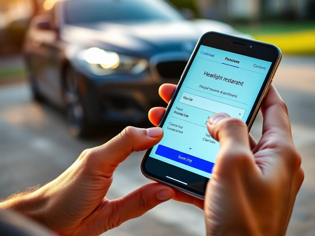 Person booking headlight restoration on a smartphone in a driveway